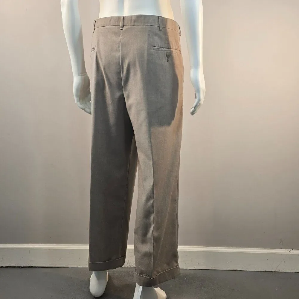 Haggar Dress Pants Mens 38 x 27 Beige Classic Fit Pleated Front Cuffed Adj Waist